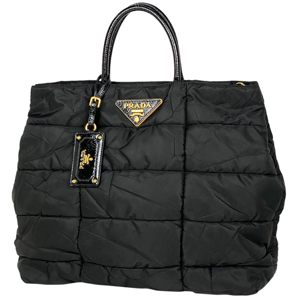 Prada Logo Plate Tote Bag Handbag Shoulder Nero Black